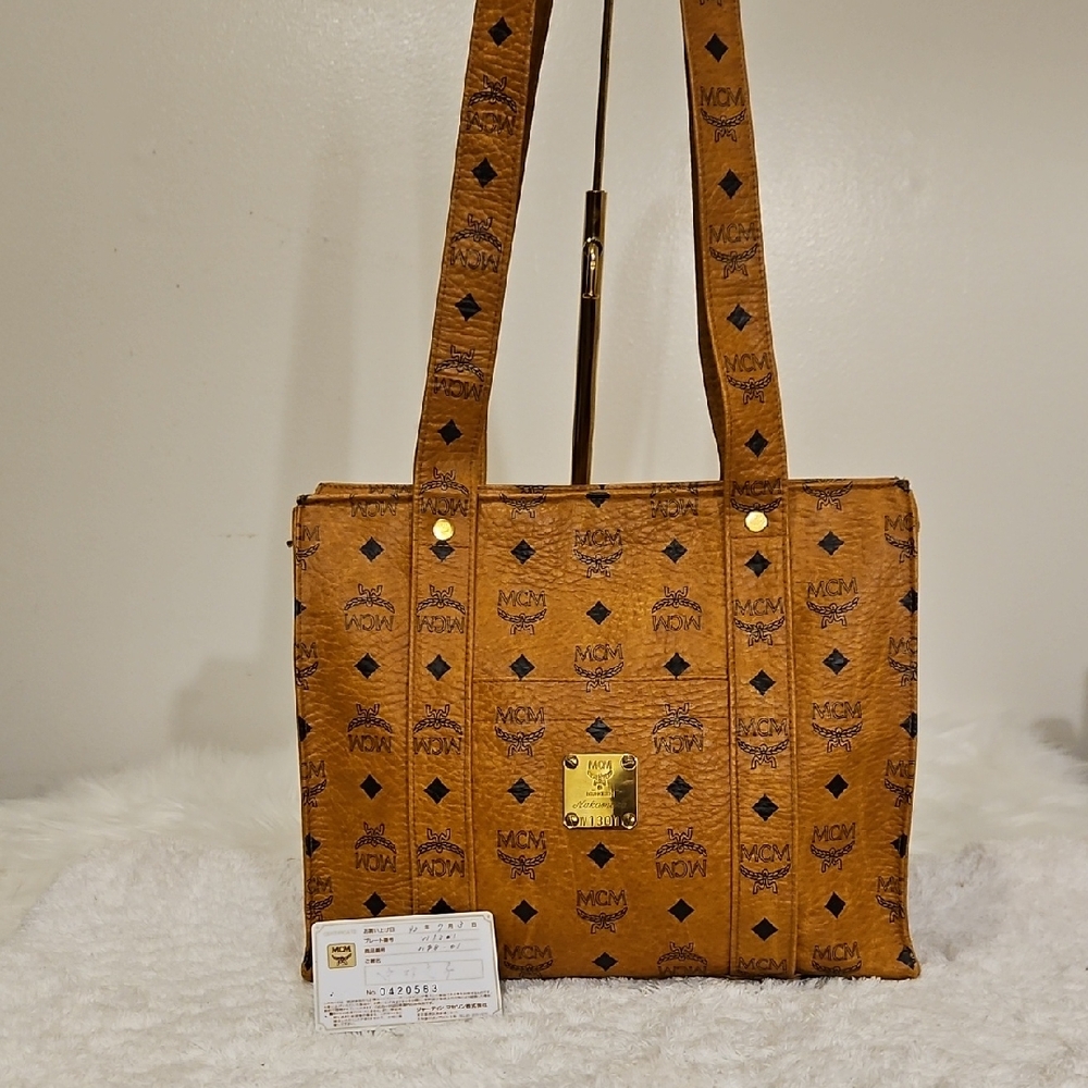 MCM Cognac Visetos Logo Tote Shoulder Bag with Gold Plaque